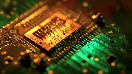 Obraz premium Dynamic texture of microchip circuits, highlighted by a metallic sheen, offering a high-tech, futuristic backdrop for multiple uses