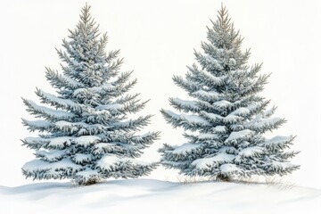 Obraz premium Pair of frost dusted trees standing on a snowy hill representing the quiet beauty of winter with serene elegance in a minimalist landscape