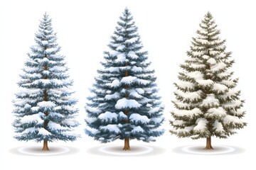 Obraz premium Trio of snow covered Christmas trees on a white background representing serene winter beauty and peaceful holiday spirit in a minimalist setting