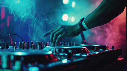 DJ Mixing Music in a Colorful Atmosphere