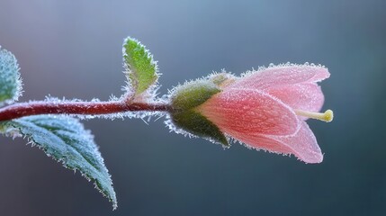Delicate Pink Flower Bud Covered in Frosty Crystals Against a Soft Blue Background Capturing the Beauty of Nature's Winter Wonder