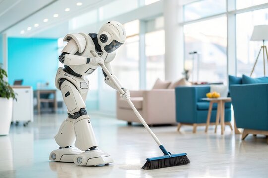 A humanoid robot is actively sweeping the floor of a contemporary office. The bright space features comfortable seating and large windows, highlighting its role in maintaining cleanliness and efficien