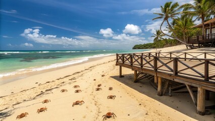 Fototapeta premium A wooden walkway leading to a tropical beach with palm trees and turquoise water, a group of crabs scurrying on the sand