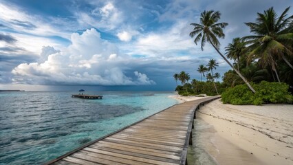 Fototapeta premium A wooden walkway leading to a tropical island with a small dock in the distance, surrounded by lush greenery and palm trees under a partly cloudy sky.