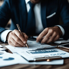 An accountant looks at a financial report, professional accounting company, digital marketing, optimization, guy calculating a sales margin, a man, presumably a businessman, is analyzing documents