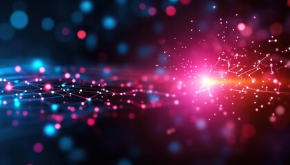 A vibrant, abstract scene featuring glowing particles and luminous streaks in blue, pink, and orange against a dark background.