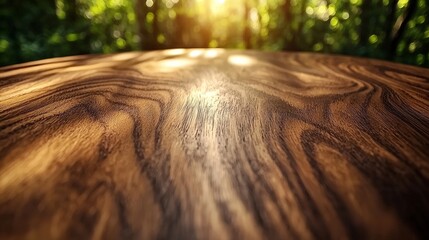 A close-up of a wooden surface with a blurred natural background and sunlight.