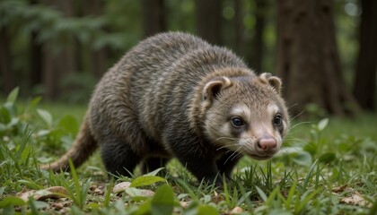 Curious raccoon dog exploring the forest floor, natural habitat, wildlife photography, copy space