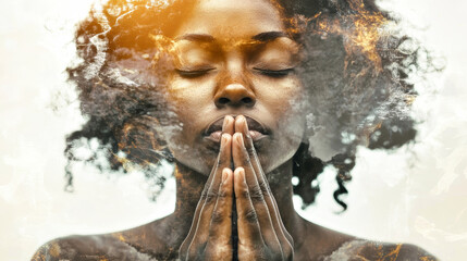 An African American woman engaged in prayer with a watercolor double exposure effect, captured in a high-resolution, wide-angle style