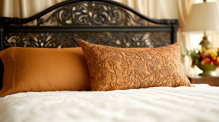 Ornate wrought-iron headboard with intricate designs – Adding a touch of elegance and vintage charm to a bedroom, with detailed craftsmanship and classic appeal