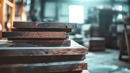 Naklejka premium Stack of wooden planks in a rustic workshop ready for construction and carpentry tasks with soft lighting and blurred background effects