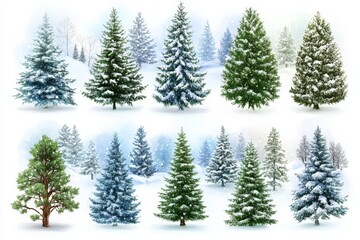 Fototapeta premium Variety of Christmas trees with snow dusted branches arranged in a festive scene evoking winter charm and holiday warmth in a layered outdoor setting