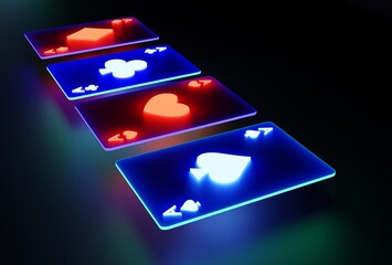 Glowing casino cards game on dark black background - 3d render. Flying cards for online casinos and mobile gambling applications, poker - winner, wealth concept