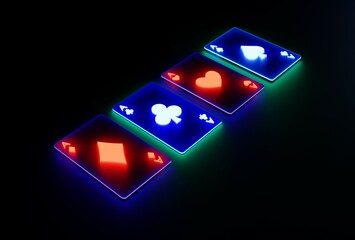 Glowing casino cards game on dark black background - 3d render. Flying cards for online casinos and mobile gambling applications, poker - winner, wealth concept