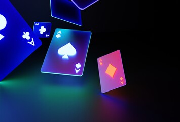 Glowing casino cards game on dark black background - 3d render. Flying cards for online casinos and mobile gambling applications, poker - winner, wealth concept
