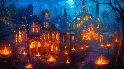 Obraz premium A fairytale village with glowing windows and torches, under a full moon, with a grand castle in the background.