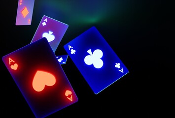 Glowing casino cards game on dark black background - 3d render. Flying cards for online casinos and mobile gambling applications, poker - winner, wealth concept