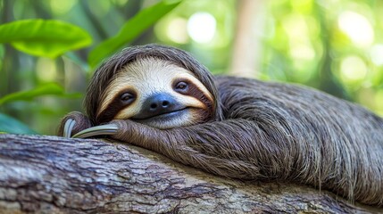 Fototapeta premium A charming sloth resting leisurely on a tree branch in a lush green forest. Its adorable face brings a sense of calm and tranquility.