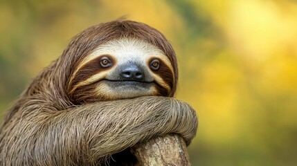 Fototapeta premium A close-up of a relaxed sloth resting on a branch, showcasing its unique facial features and calm demeanor against a blurred background.