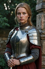 Naklejka premium Portrait of a Female Knight in Shining Armor Standing by a Stone Wall