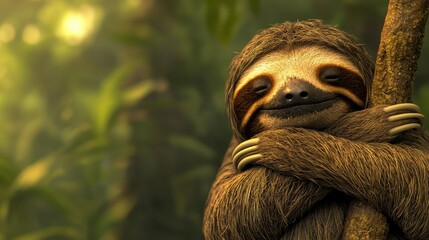 Obraz premium A cute sloth clinging to a tree, showcasing the warmth and charm of wildlife in a lush green environment.