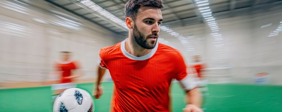 A focused young man in a red jersey running on an indoor soccer field, showcasing speed and agility during a game.