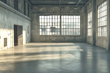 Spacious industrial warehouse interior featuring large windows and clean concrete floors illuminated by natural light in a modern aesthetic