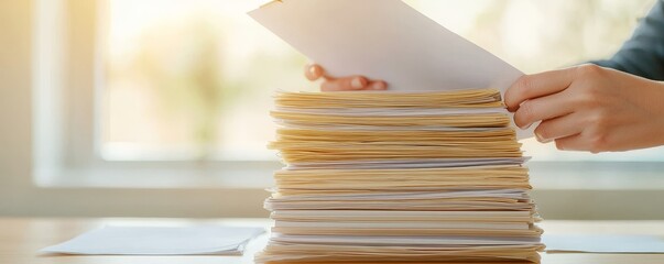 A person organizing a stack of papers, showcasing productivity and office work environment in a bright setting.