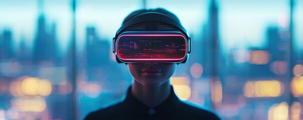 A person wearing virtual reality goggles stands against a futuristic cityscape, immersed in a digital experience.