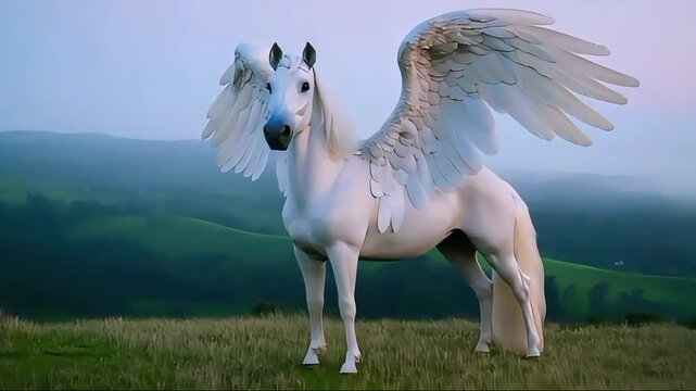 A pure white-winged horse, with large and beautiful sparkling wings, stood on a vast grassland under a purple and orange sunset sky
