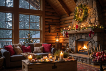 Cozy Rustic Living Room Decorated for Christmas with Stone Fireplace and Festive Atmosphere