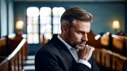 close-up of man sad and thoughtful in funeral home