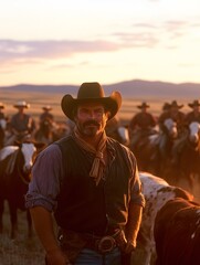 Rugged cowboy in classic attire – Depicting a traditional western style with a rugged, adventurous spirit, and the timeless essence of cowboy culture
