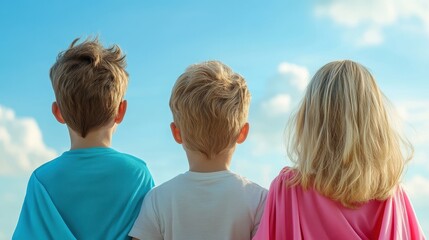 Three children are standing in a line, with one wearing a blue shirt