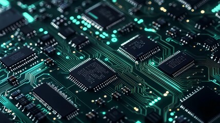 Obraz premium Abstract tech-themed background with microchip textures and connecting circuits, ideal for software presentations, web design, or promotional materials