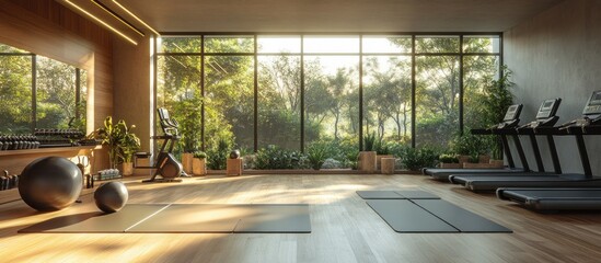 Modern gym interior with large windows overlooking a lush green forest, featuring exercise equipment like treadmills, a stationary bike, and yoga mats.