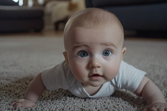 A happy baby crawling on a carpet in living room, enjoying playful exploration in a cozy home environment