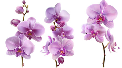 Orchid flowers shown from multiple angles (whole, blossoms, and close-ups), isolated on a transparent background. Generated AI