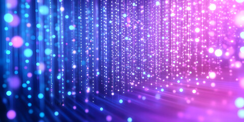 Purple and blue gradient lights arranged in vertical lines with glowing dots, creating an abstract futuristic tech-inspired background with vivid lighting effects.