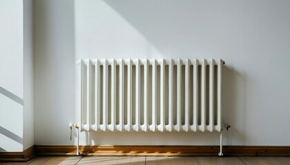 A white radiator in a minimalist room with soft shadows cast by window light 