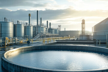 Clean water treatment facility featuring industrial structures and environmental protection equipment in a natural setting at sunrise