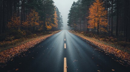 Fototapeta premium A tranquil autumn road surrounded by misty forests with vibrant foliage on a calm day