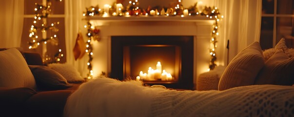 Cozy living room with a fireplace, warm lights, and festive decorations creating a welcoming atmosphere.