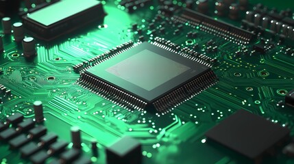 Fototapeta premium Complex pattern of electronic microchips with highlighted pathways, suitable for backgrounds related to AI, computing, and digital innovation