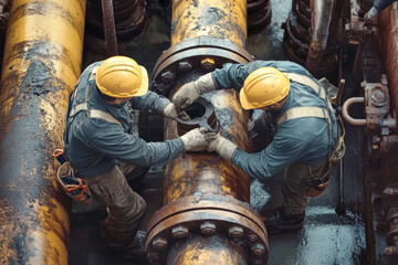 Engineers repairing large industrial pipes at an oil production facility using tools and teamwork in a gas facility