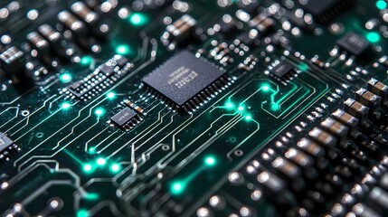 Obraz premium Complex pattern of electronic microchips with highlighted pathways, suitable for backgrounds related to AI, computing, and digital innovation