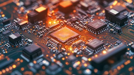 Obraz premium Complex pattern of electronic microchips with highlighted pathways, suitable for backgrounds related to AI, computing, and digital innovation