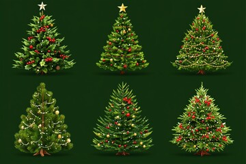 Collection of Christmas trees with bright red green and gold decorations on a green background designed for a festive and vibrant holiday presentation