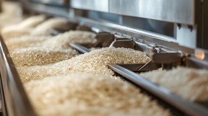 A close-up view of bins filled with uncooked rice, showcasing its texture and color in an industrial setting.