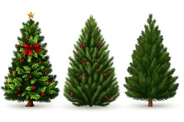 Fototapeta premium Trio of large traditional Christmas trees with gold and red decorations on a vibrant green background capturing a timeless festive aesthetic